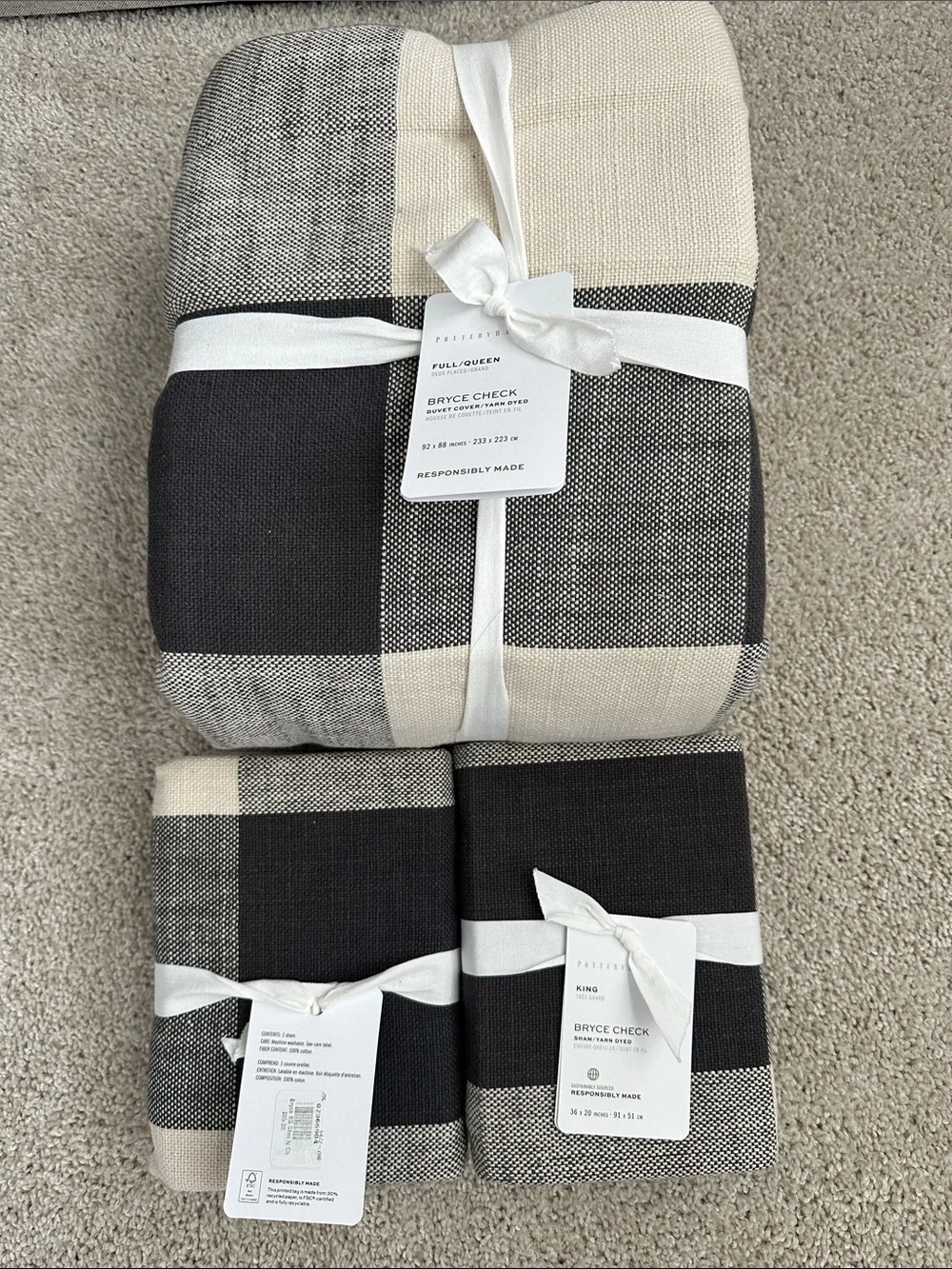NWT Pottery Barn Bryce Check F/Q Duvet Set in Black and Cream w/2 King Shams